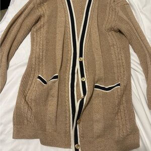 Talbots Camel Cable Knit Cardigan with Black and White Trim